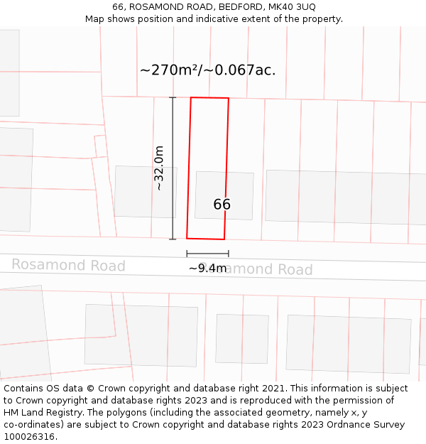 66, ROSAMOND ROAD, BEDFORD, MK40 3UQ: Plot and title map