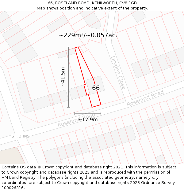 66, ROSELAND ROAD, KENILWORTH, CV8 1GB: Plot and title map