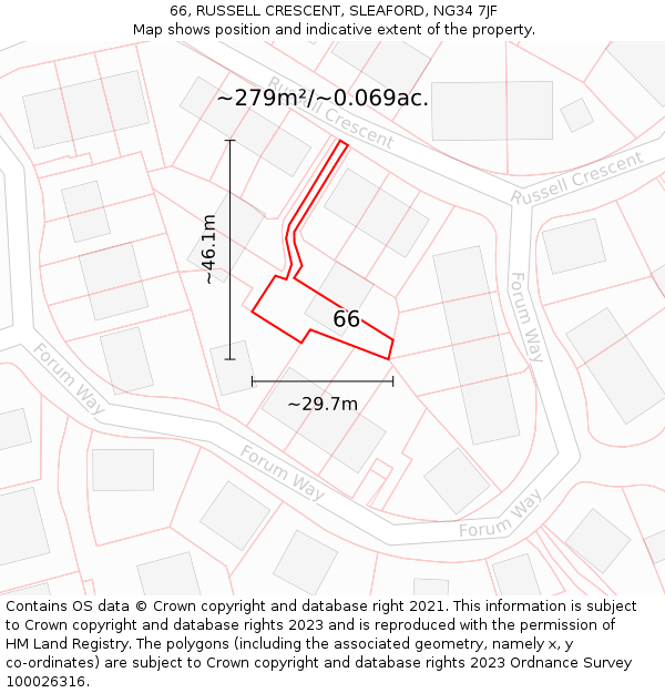 66, RUSSELL CRESCENT, SLEAFORD, NG34 7JF: Plot and title map