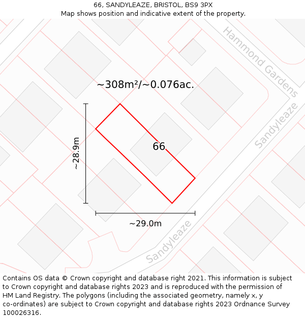 66, SANDYLEAZE, BRISTOL, BS9 3PX: Plot and title map