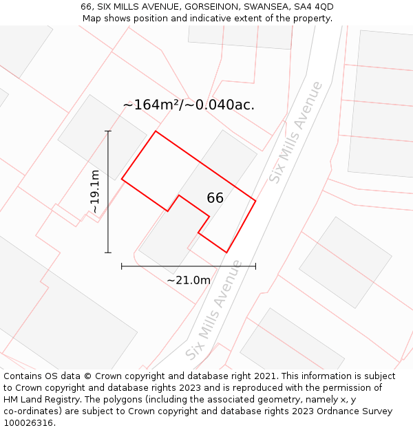 66, SIX MILLS AVENUE, GORSEINON, SWANSEA, SA4 4QD: Plot and title map