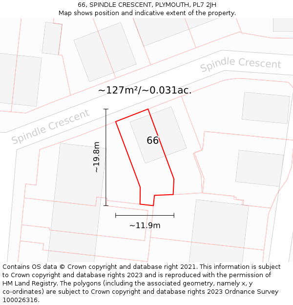66, SPINDLE CRESCENT, PLYMOUTH, PL7 2JH: Plot and title map
