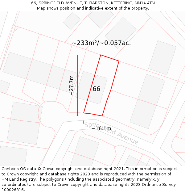 66, SPRINGFIELD AVENUE, THRAPSTON, KETTERING, NN14 4TN: Plot and title map