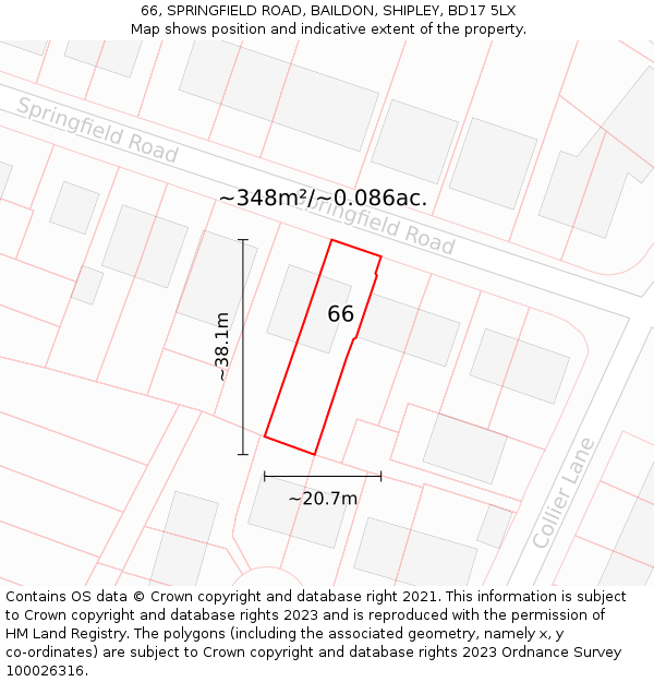 66, SPRINGFIELD ROAD, BAILDON, SHIPLEY, BD17 5LX: Plot and title map