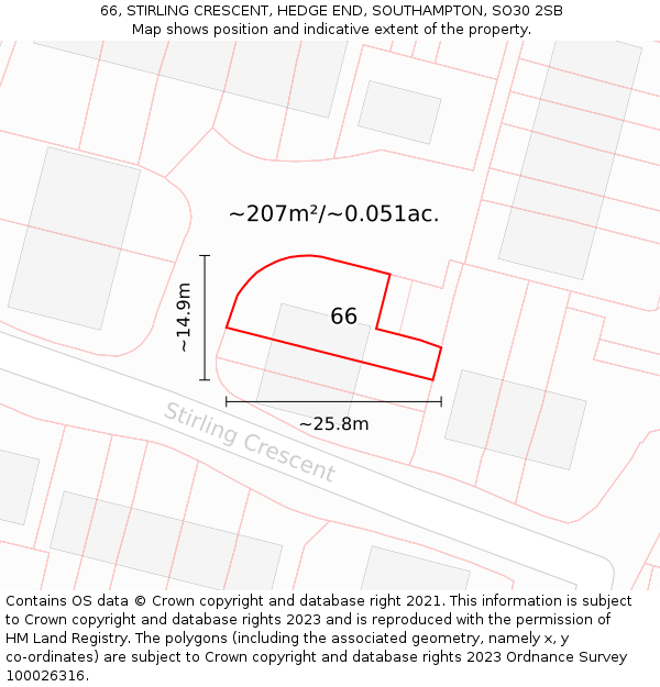 66, STIRLING CRESCENT, HEDGE END, SOUTHAMPTON, SO30 2SB: Plot and title map