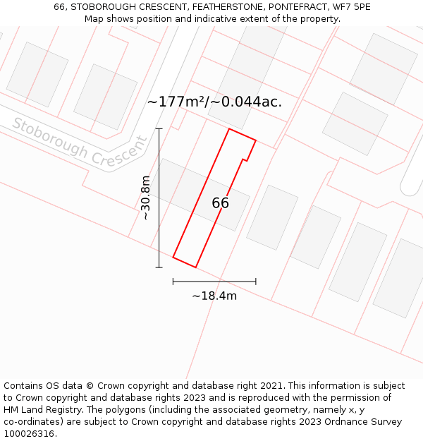 66, STOBOROUGH CRESCENT, FEATHERSTONE, PONTEFRACT, WF7 5PE: Plot and title map