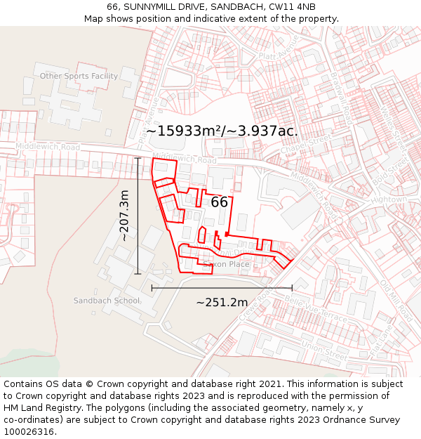 66, SUNNYMILL DRIVE, SANDBACH, CW11 4NB: Plot and title map