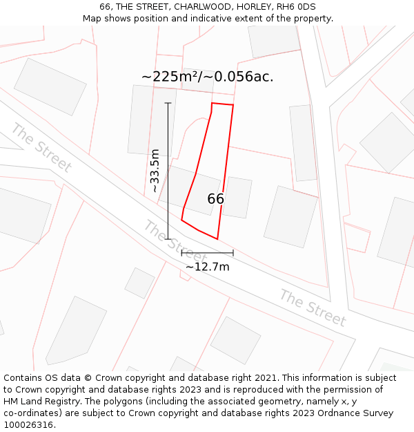 66, THE STREET, CHARLWOOD, HORLEY, RH6 0DS: Plot and title map