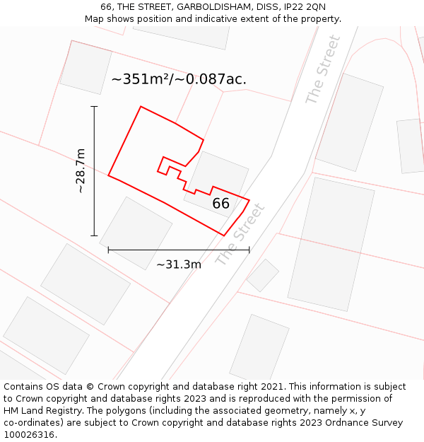 66, THE STREET, GARBOLDISHAM, DISS, IP22 2QN: Plot and title map