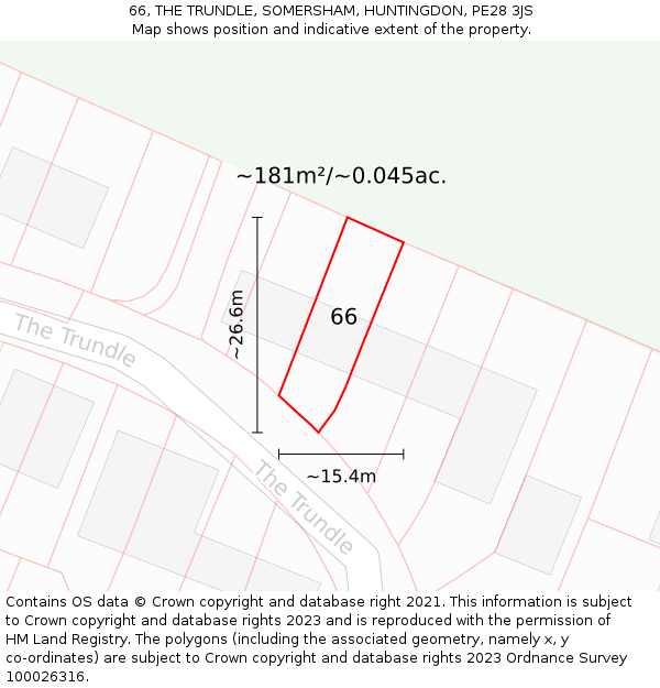 66, THE TRUNDLE, SOMERSHAM, HUNTINGDON, PE28 3JS: Plot and title map