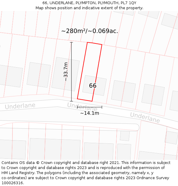 66, UNDERLANE, PLYMPTON, PLYMOUTH, PL7 1QY: Plot and title map