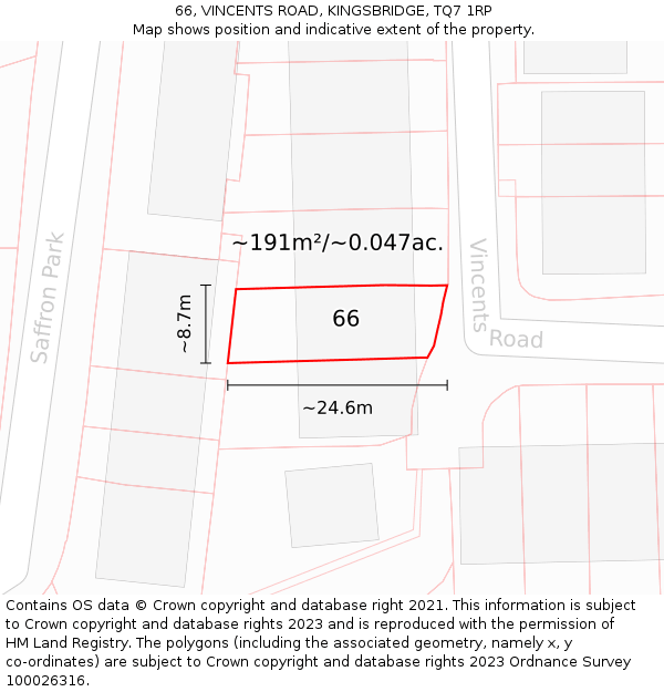 66, VINCENTS ROAD, KINGSBRIDGE, TQ7 1RP: Plot and title map