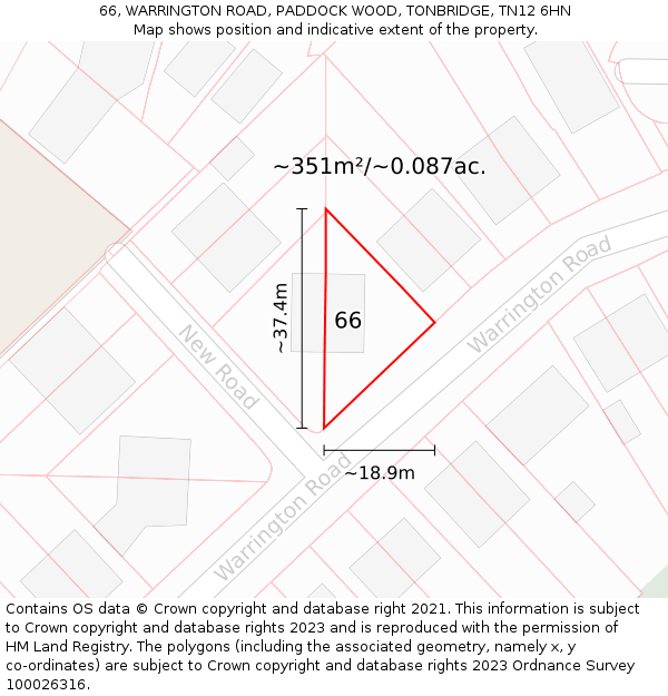 66, WARRINGTON ROAD, PADDOCK WOOD, TONBRIDGE, TN12 6HN: Plot and title map