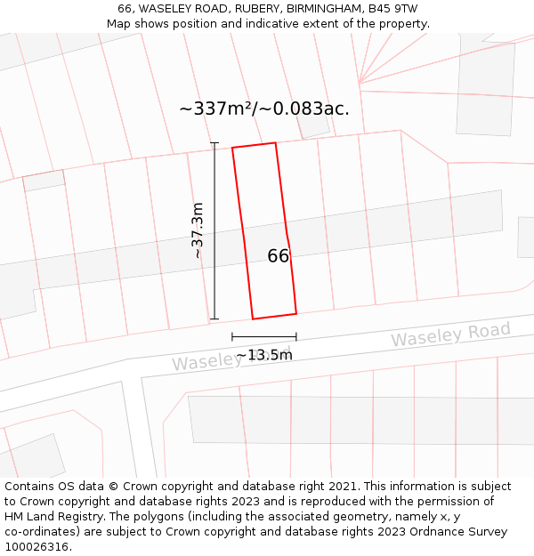 66, WASELEY ROAD, RUBERY, BIRMINGHAM, B45 9TW: Plot and title map