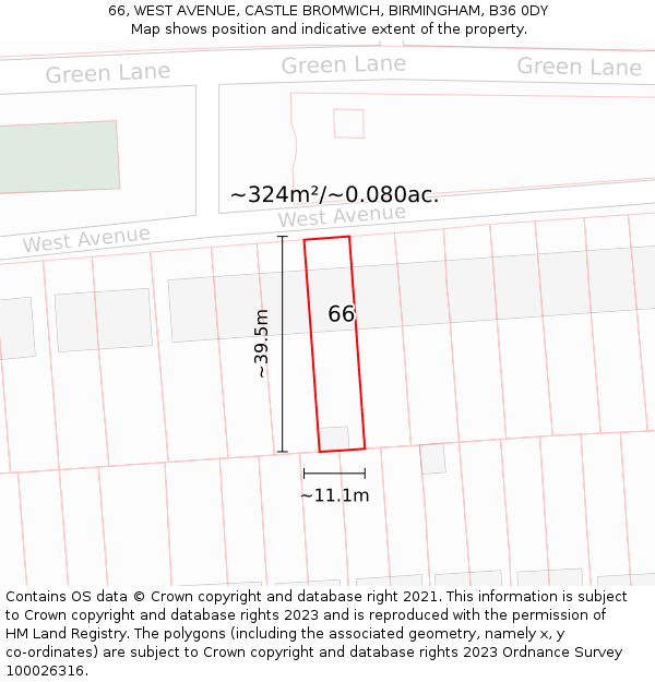 66, WEST AVENUE, CASTLE BROMWICH, BIRMINGHAM, B36 0DY: Plot and title map