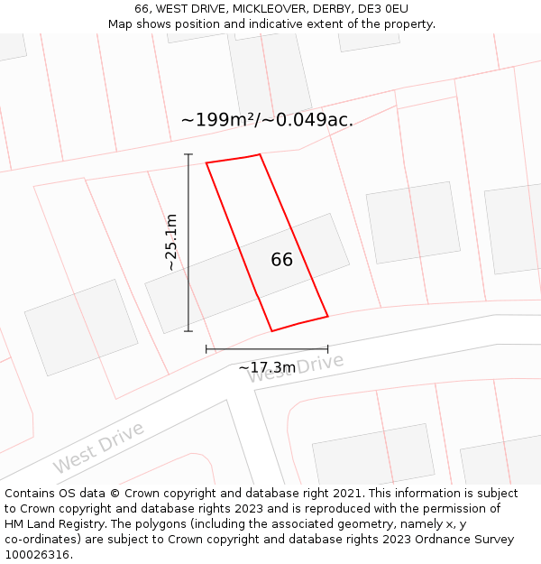 66, WEST DRIVE, MICKLEOVER, DERBY, DE3 0EU: Plot and title map