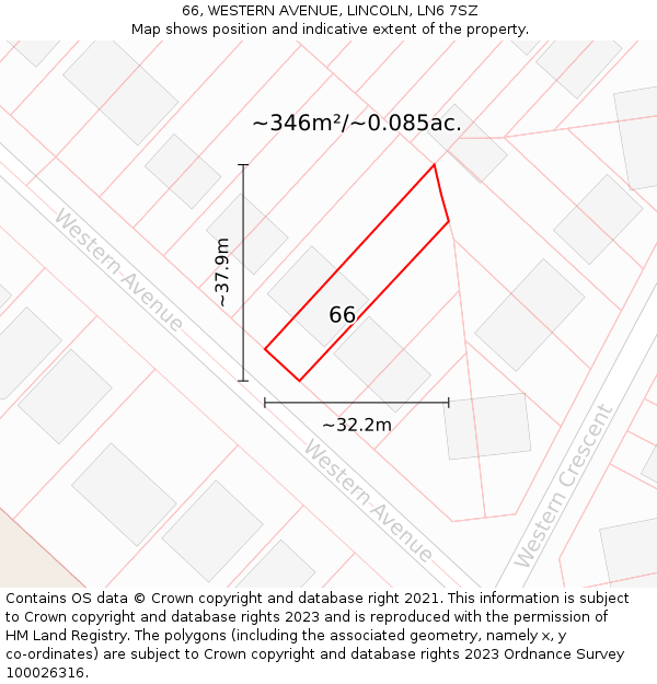 66, WESTERN AVENUE, LINCOLN, LN6 7SZ: Plot and title map