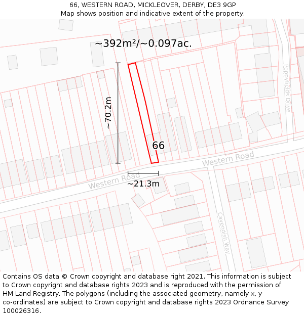 66, WESTERN ROAD, MICKLEOVER, DERBY, DE3 9GP: Plot and title map