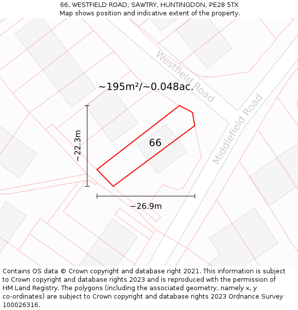 66, WESTFIELD ROAD, SAWTRY, HUNTINGDON, PE28 5TX: Plot and title map