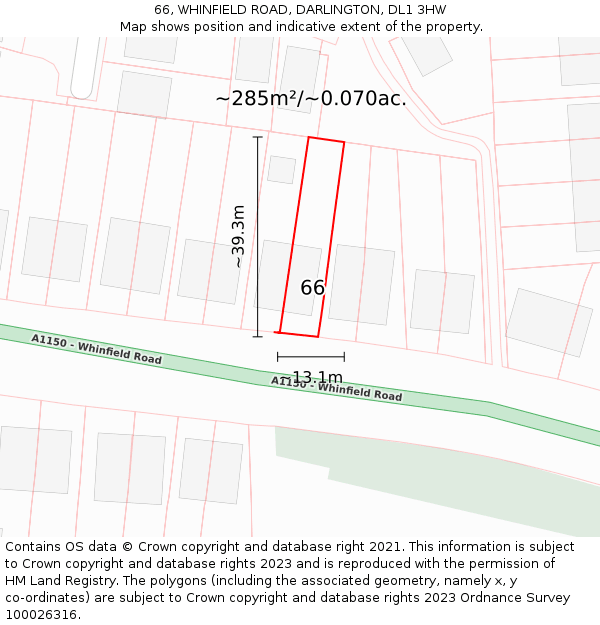 66, WHINFIELD ROAD, DARLINGTON, DL1 3HW: Plot and title map