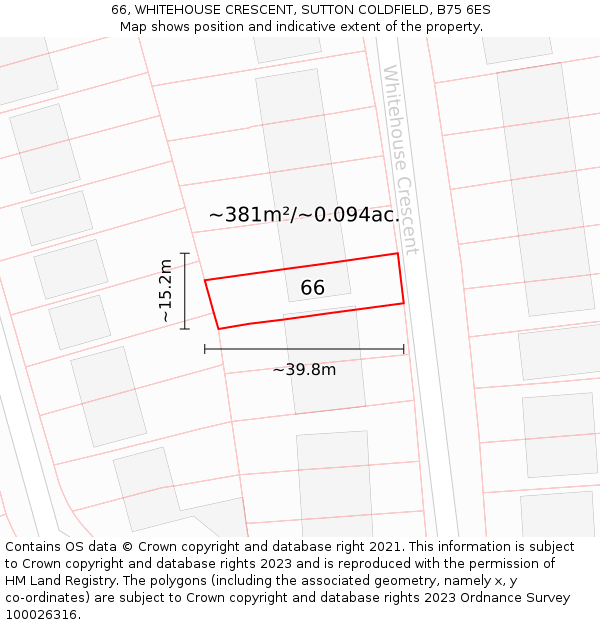 66, WHITEHOUSE CRESCENT, SUTTON COLDFIELD, B75 6ES: Plot and title map