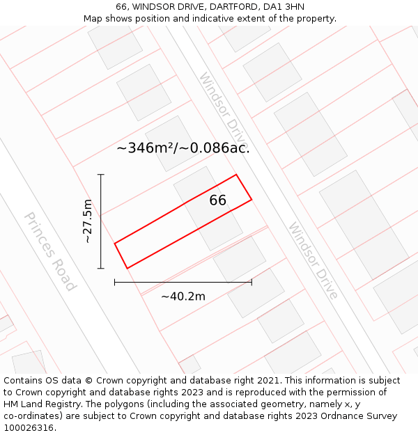 66, WINDSOR DRIVE, DARTFORD, DA1 3HN: Plot and title map