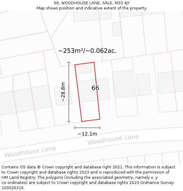 66, WOODHOUSE LANE, SALE, M33 4JY: Plot and title map