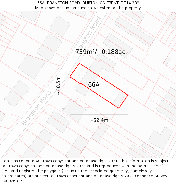 66A, BRANSTON ROAD, BURTON-ON-TRENT, DE14 3BY: Plot and title map