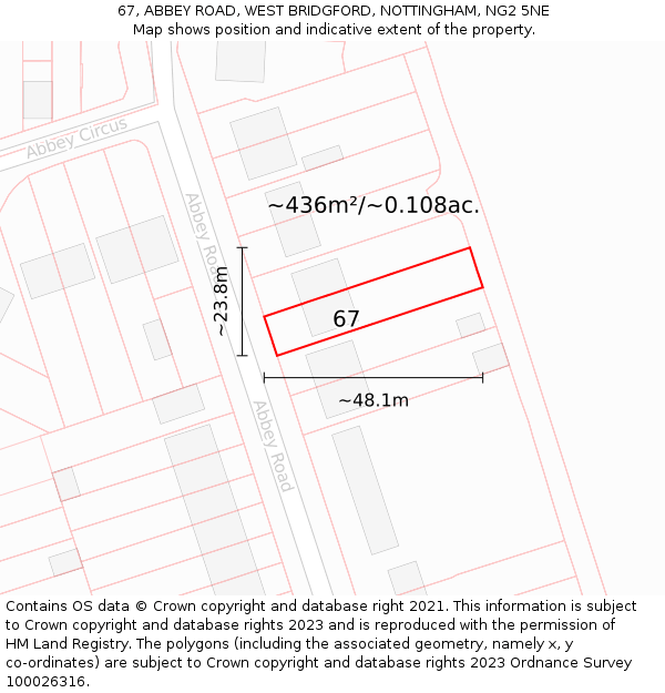 67, ABBEY ROAD, WEST BRIDGFORD, NOTTINGHAM, NG2 5NE: Plot and title map