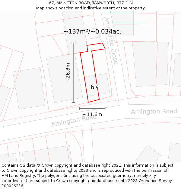 67, AMINGTON ROAD, TAMWORTH, B77 3LN: Plot and title map