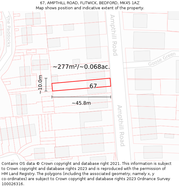 67, AMPTHILL ROAD, FLITWICK, BEDFORD, MK45 1AZ: Plot and title map