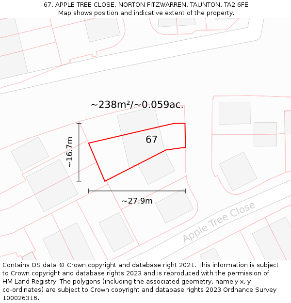 67, APPLE TREE CLOSE, NORTON FITZWARREN, TAUNTON, TA2 6FE: Plot and title map