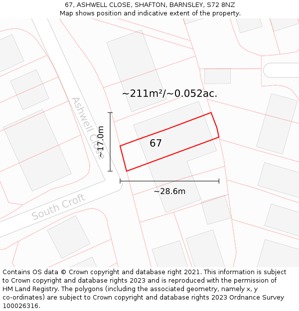 67, ASHWELL CLOSE, SHAFTON, BARNSLEY, S72 8NZ: Plot and title map