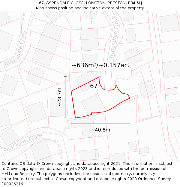 67, ASPENDALE CLOSE, LONGTON, PRESTON, PR4 5LJ: Plot and title map