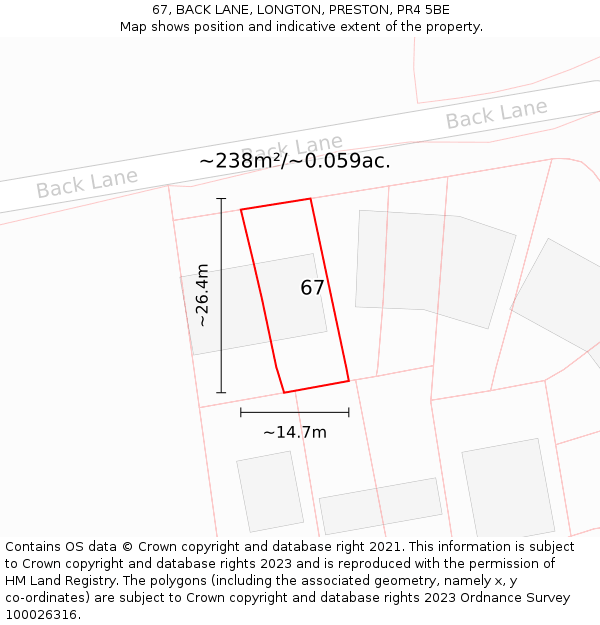 67, BACK LANE, LONGTON, PRESTON, PR4 5BE: Plot and title map