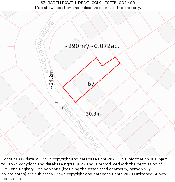 67, BADEN POWELL DRIVE, COLCHESTER, CO3 4SR: Plot and title map