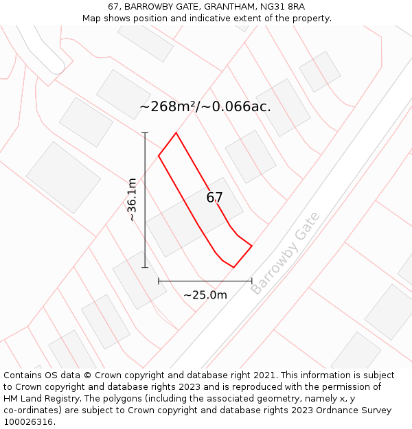 67, BARROWBY GATE, GRANTHAM, NG31 8RA: Plot and title map