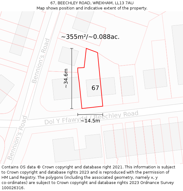 67, BEECHLEY ROAD, WREXHAM, LL13 7AU: Plot and title map