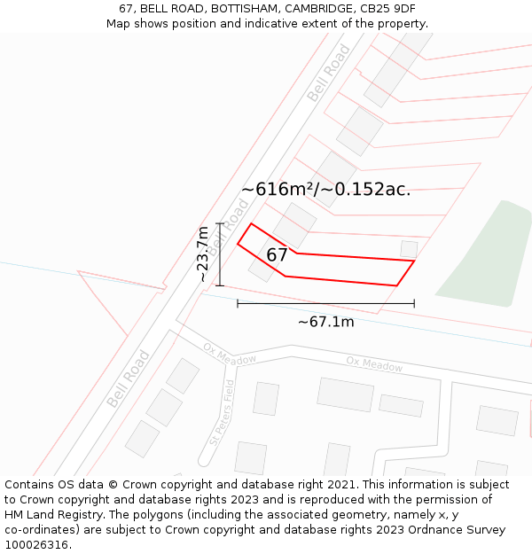 67, BELL ROAD, BOTTISHAM, CAMBRIDGE, CB25 9DF: Plot and title map