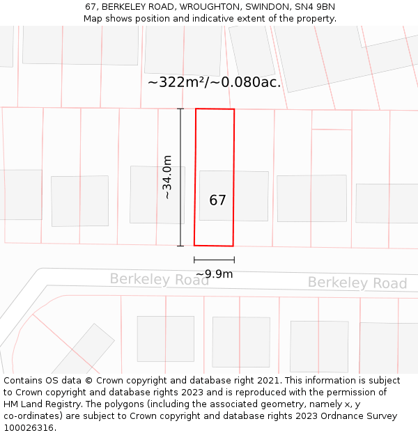 67, BERKELEY ROAD, WROUGHTON, SWINDON, SN4 9BN: Plot and title map