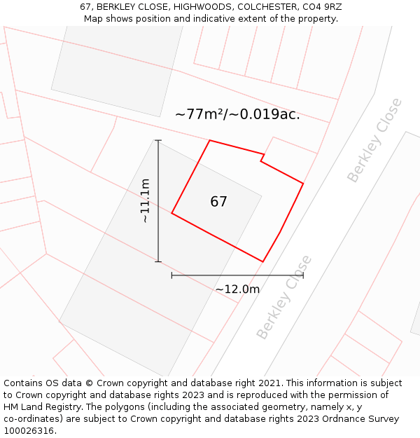 67, BERKLEY CLOSE, HIGHWOODS, COLCHESTER, CO4 9RZ: Plot and title map