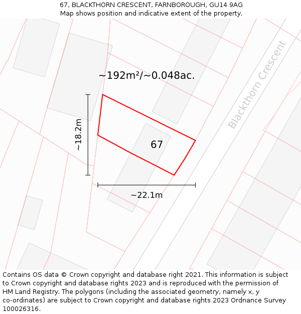 67, BLACKTHORN CRESCENT, FARNBOROUGH, GU14 9AG: Plot and title map