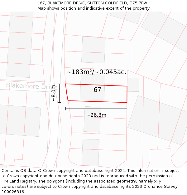 67, BLAKEMORE DRIVE, SUTTON COLDFIELD, B75 7RW: Plot and title map