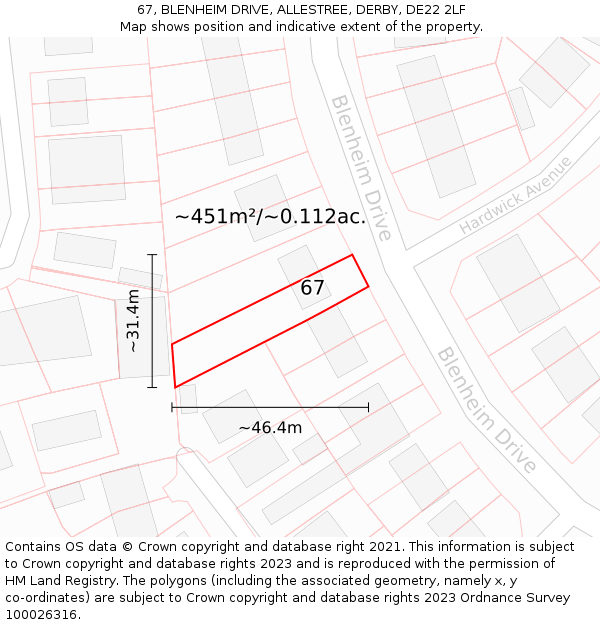 67, BLENHEIM DRIVE, ALLESTREE, DERBY, DE22 2LF: Plot and title map