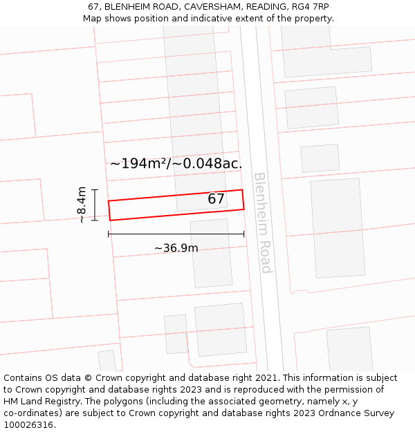 67, BLENHEIM ROAD, CAVERSHAM, READING, RG4 7RP: Plot and title map