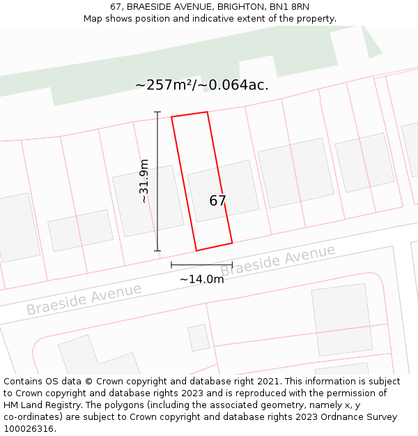 67, BRAESIDE AVENUE, BRIGHTON, BN1 8RN: Plot and title map