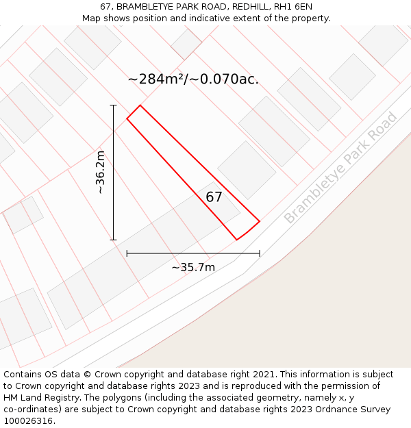 67, BRAMBLETYE PARK ROAD, REDHILL, RH1 6EN: Plot and title map