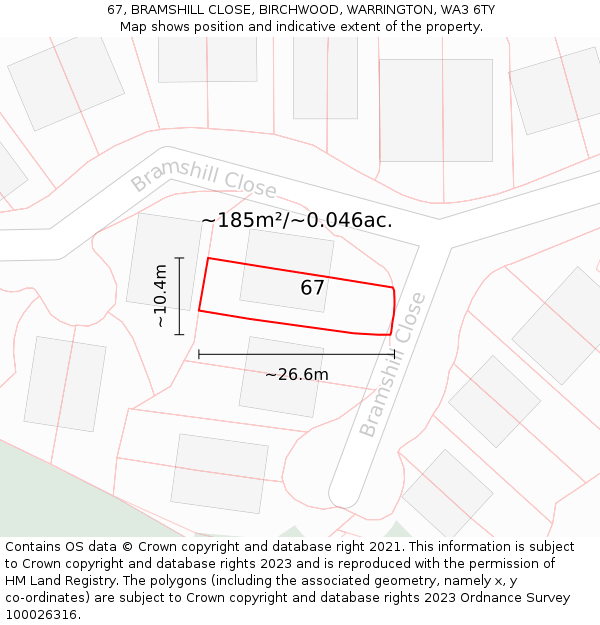 67, BRAMSHILL CLOSE, BIRCHWOOD, WARRINGTON, WA3 6TY: Plot and title map