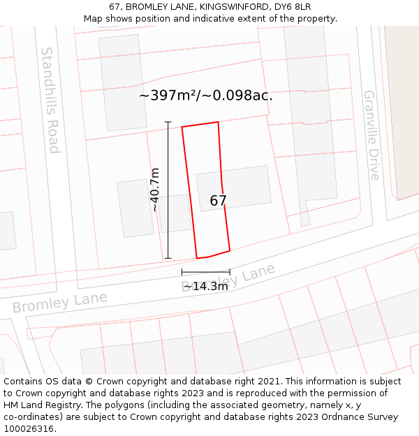 67, BROMLEY LANE, KINGSWINFORD, DY6 8LR: Plot and title map