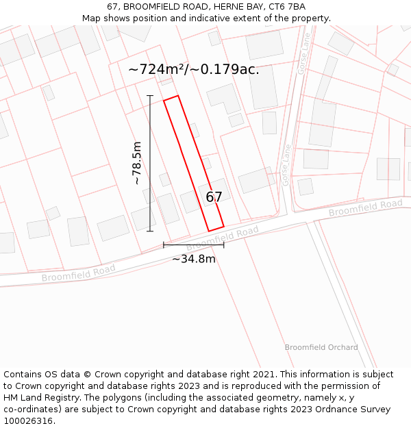 67, BROOMFIELD ROAD, HERNE BAY, CT6 7BA: Plot and title map